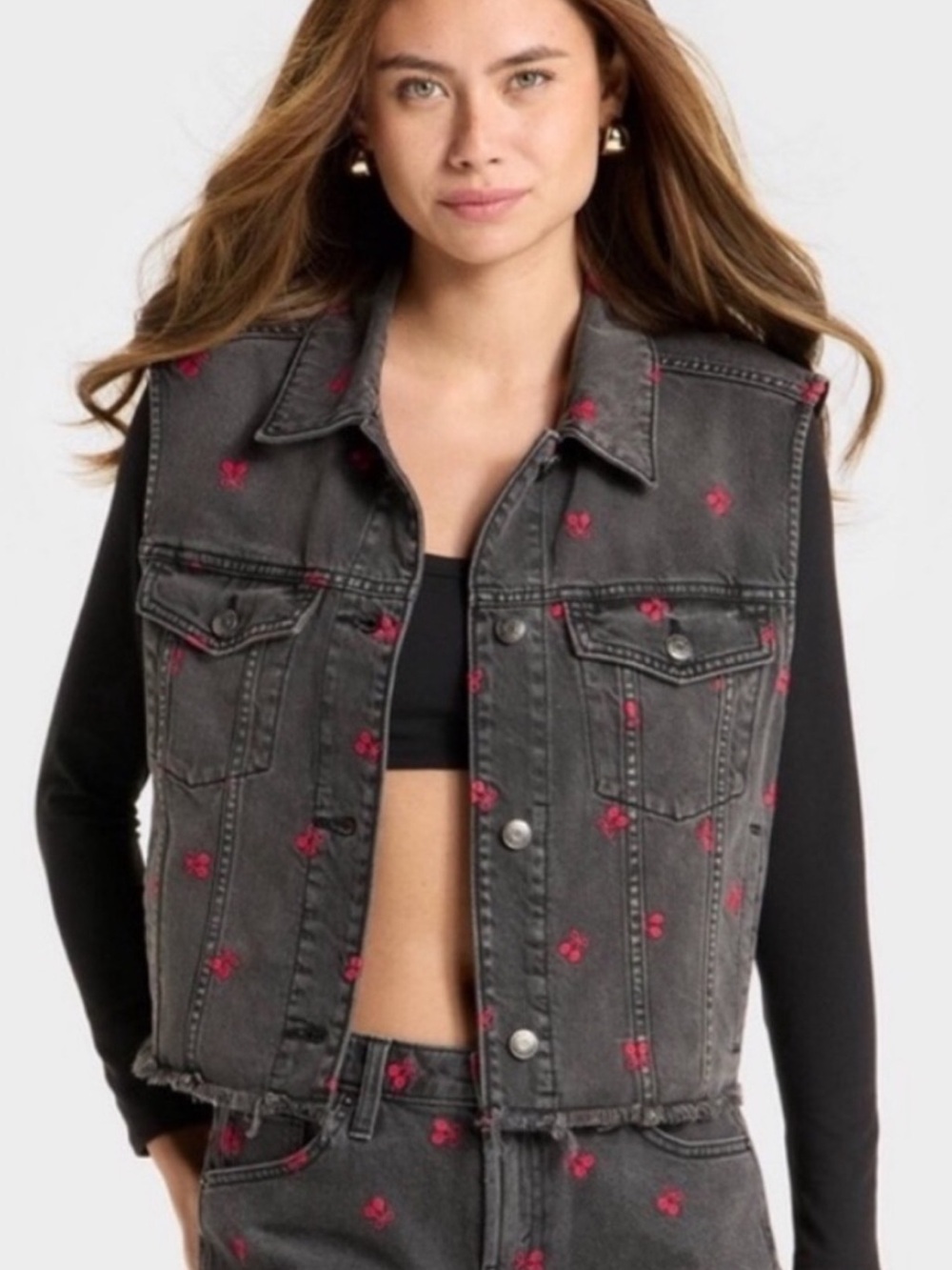 Trending! Black Denim Vest with Red Cherry Embroidery Relaxed Fit Var Size NWT